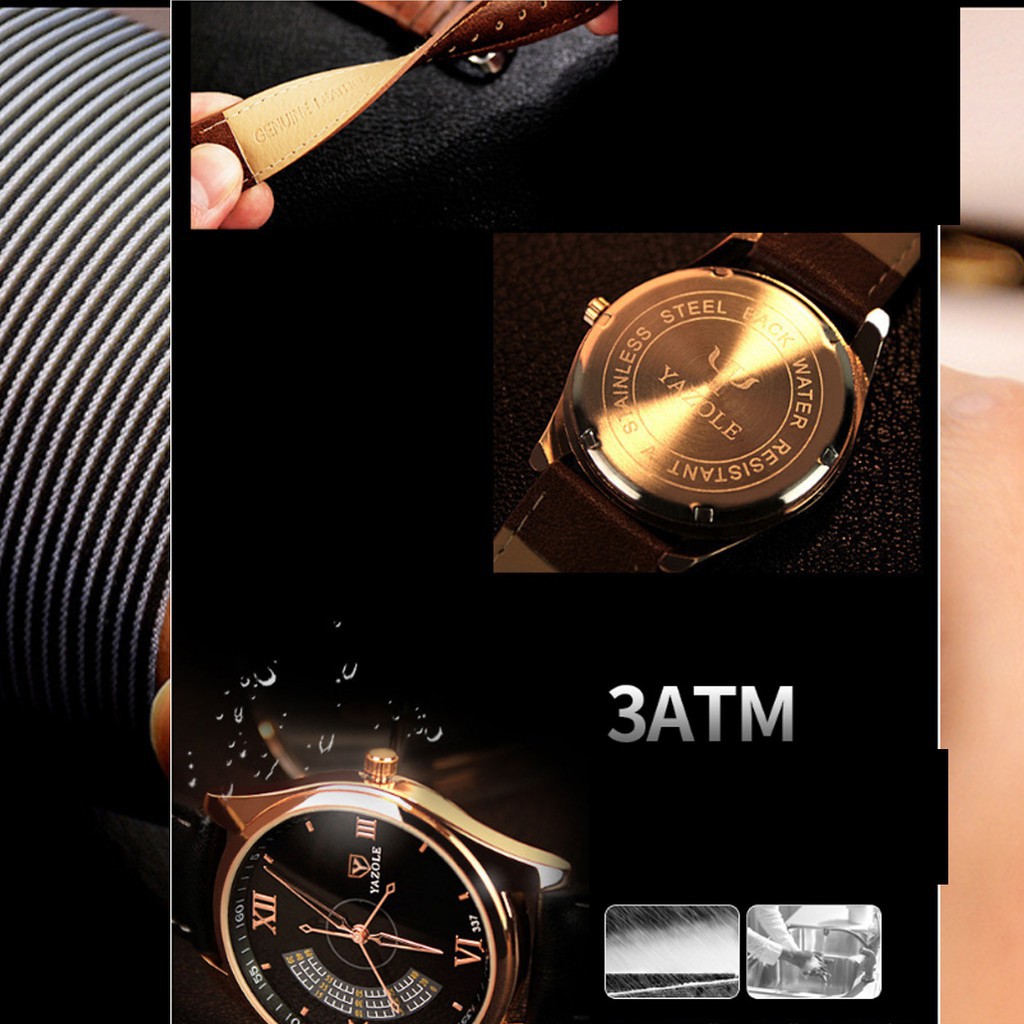 Đồng hồ nam Yazole dây da viền Vàng với 3 kim chỉ giây độc đáo + Tặng hộp đồng hồ sang trọng (Đỏ và đen)