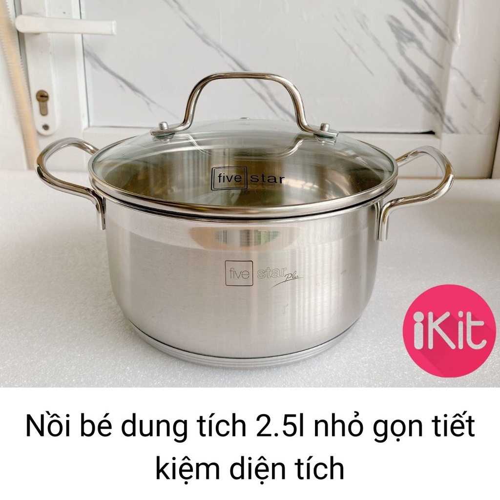 Bộ nồi inox fivestar 5 món vung kính 5 đáy inox 304. Kèm chảo chống dính 2 quai. Bảo hành 25 năm