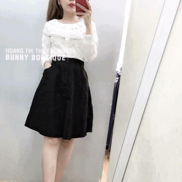 áo trắng ren lỗ tay dài tiểu thư.