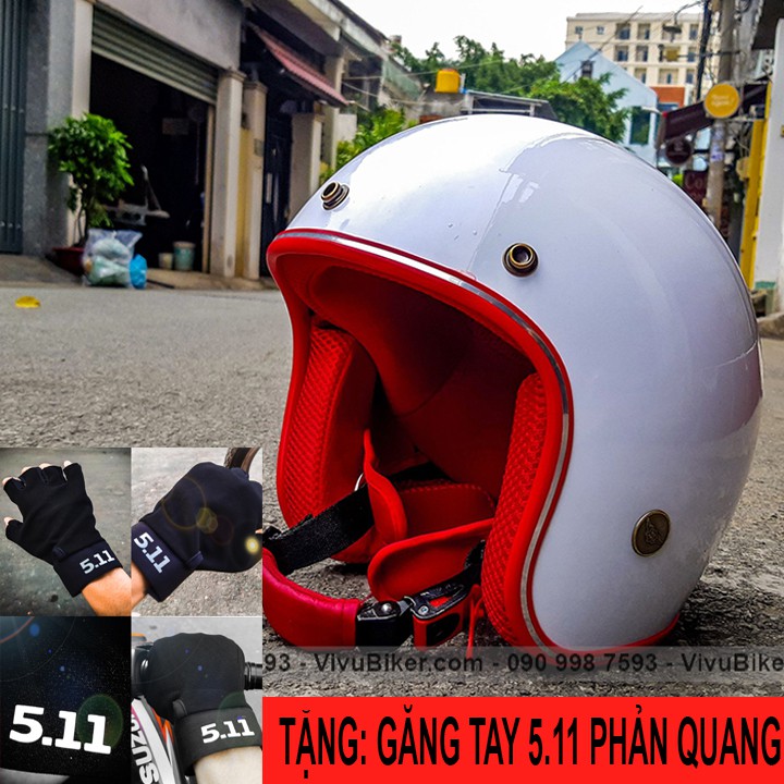 Mũ bảo hiểm 3/4 màu trắng lót đỏ siêu cute đi chơi tặng kèm găng tay 5.11 phản quang cao cấp - Nón bảo hiểm 3/4 đi phượt