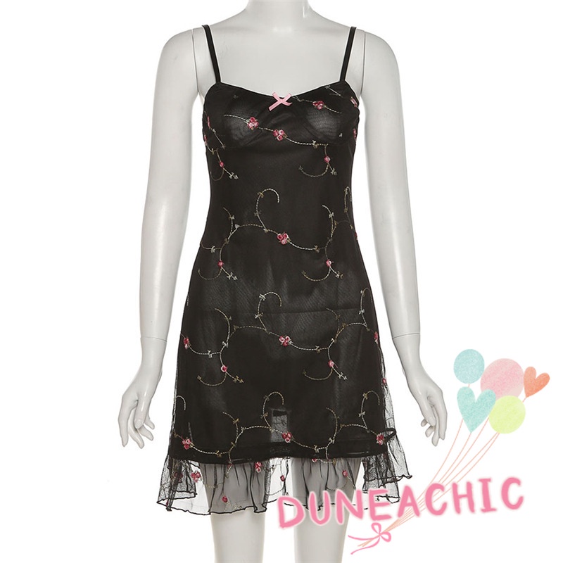 DUNEA Đầm hai dây họa tiết hoa phối lưới thời trang dành cho nữ