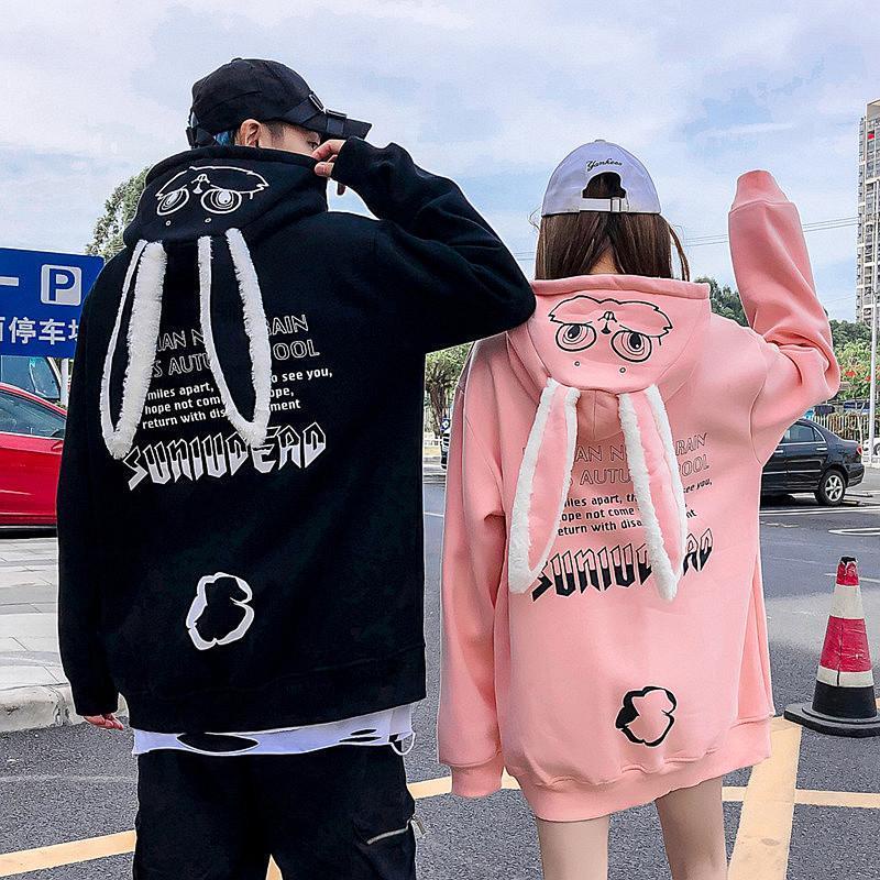 Áo hoodie dáng rộng có tai thỏ dễ thương cho nam và nữ
