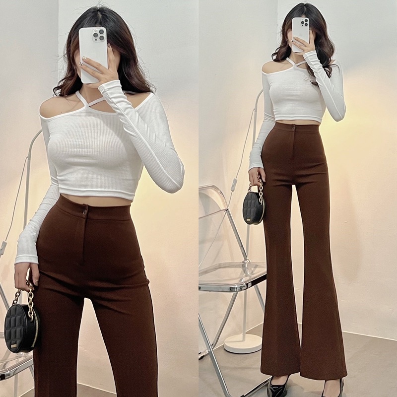 Áo Croptop Khoét Vai Tay Dài Vintage