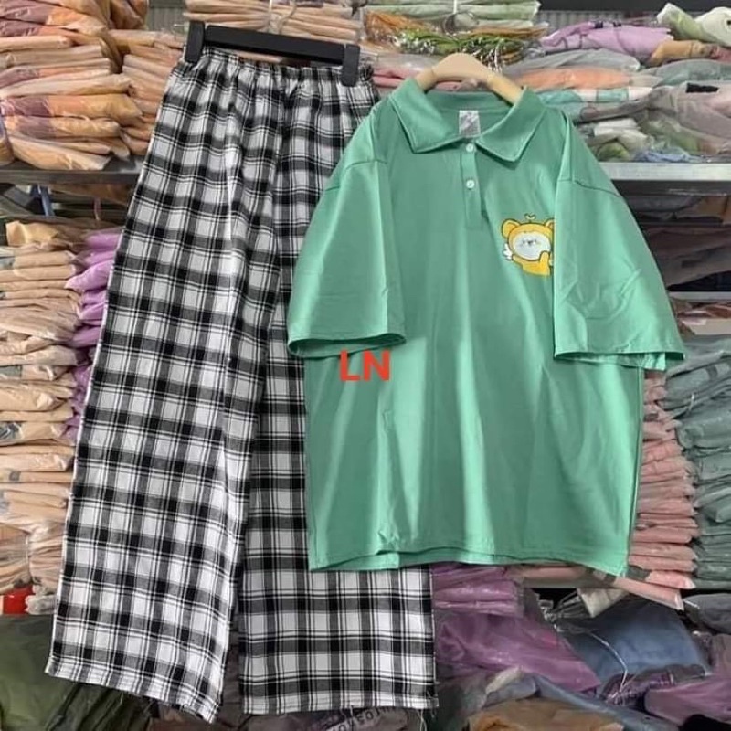 Sét áo polo thú vàng +quần kẻ karo đen LN12