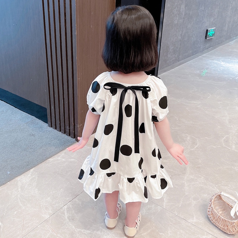Váy bé gái chữ a tay bồng chấm bi đen trắng có nơ lưng xinh điệu đà cho bé yêu đi biển đi chơi