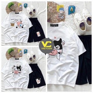 Bộ đồ hoạt hình áo thun cộc tay bò sữa và quần đùi Unisex nam nữ thể thao chất thun mềm mát - VIETCEN