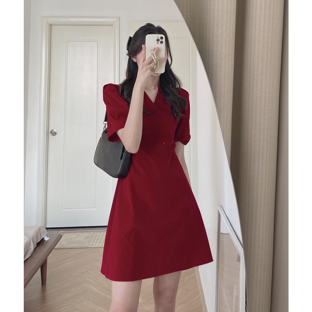 (ảnh thật) Audrey Váy nhung xòe cổ V 954