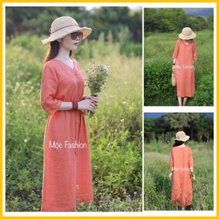 Đâm suông linen màu caf rốt cổ tim chồng tay lỡ kèm dây đai, giá rẻ