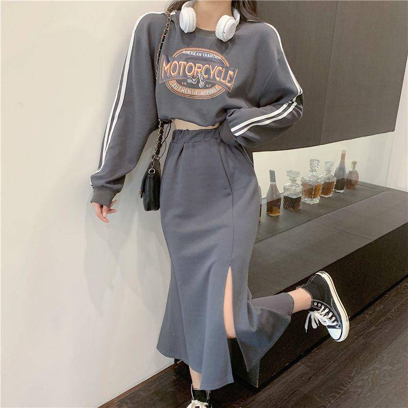 Áo Len Ngắn Dây Rút Váy Xẻ Eo Cao Bộ Đồ Hai Mảnh Thời Trang Cho Nữ