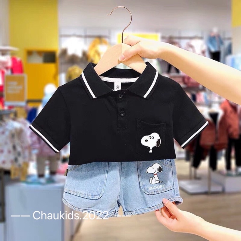 Bộ bé trai,Áo polo cổ bẻ phối quần bò hoạ tiết chú chó S.no.opy