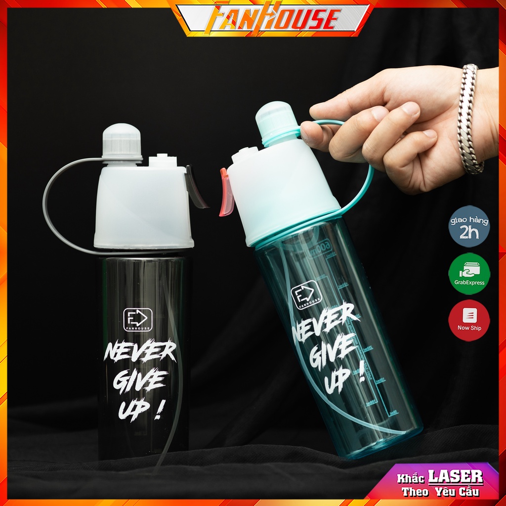 Bình nước thể thao xịt khoáng FanHouse bình nước đa năng Never Give Up 600ml chia vạch ml phun sương làm mát