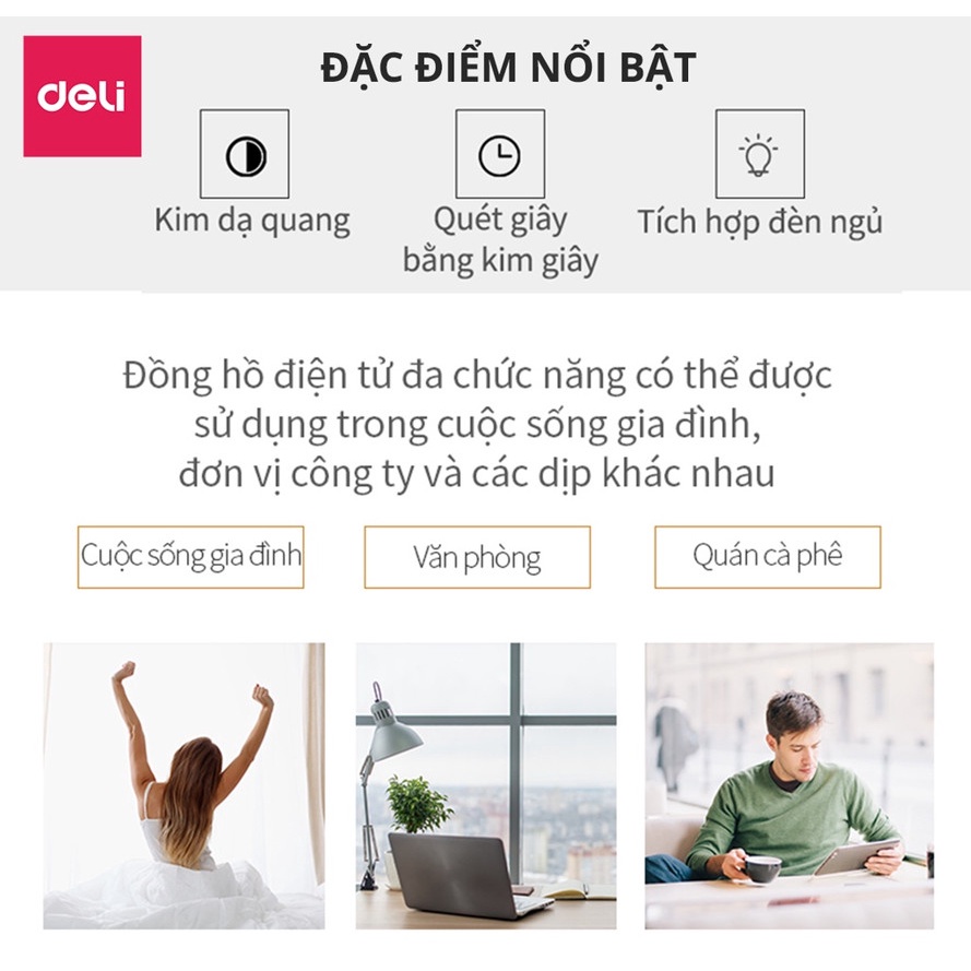 Đồng hồ báo thức Deli 8802 - Thân trắng mặt -Xanh dương/Xanh lá/ Hồng, tích hợp đèn ngủ, kim dạ quang-vpp Diệp Lạc sỉ lẻ