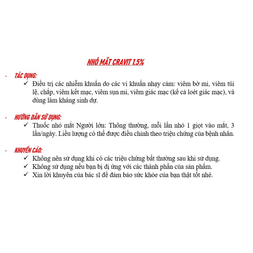 [DATE 30/09/2022] NHỎ MẮT CRAVIT 1.5% 5ML