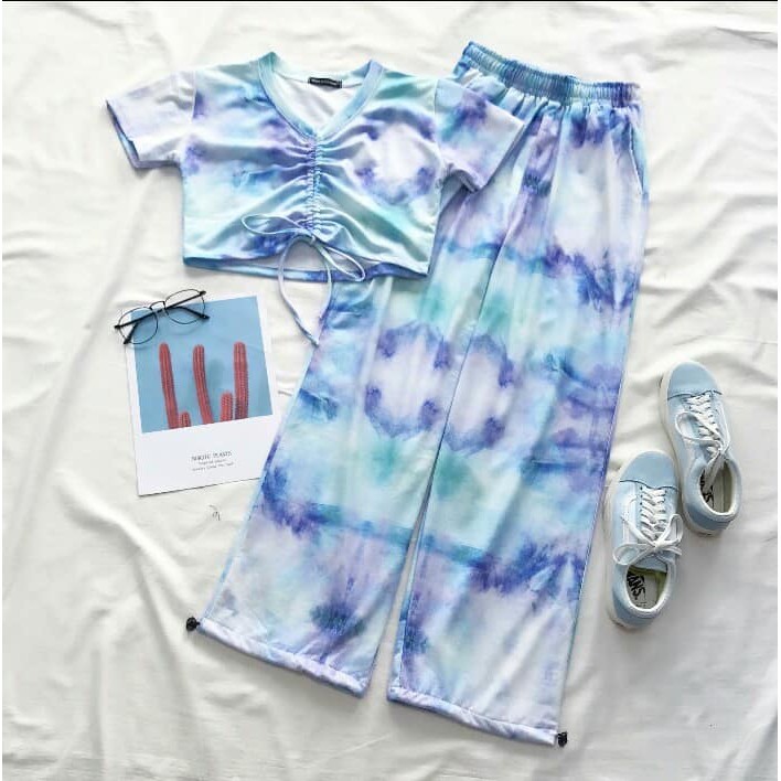 Set Tie Dye bộ áo croptop + quần dài ống rút loang mày Tie Dye