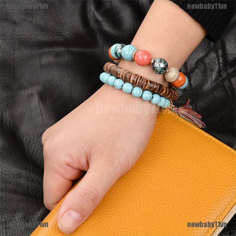 Set 3 vòng tay chuỗi hạt phối tua rua mặt dây hình voi phong cách Bohemian quyến rũ