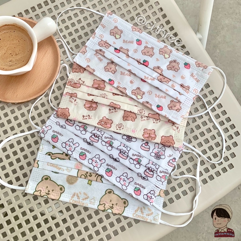 Set 5c Khẩu Trang Họa Tiết Người Lớn Phong Cách Hàn Quốc In hình Dễ Thương Quà tặng