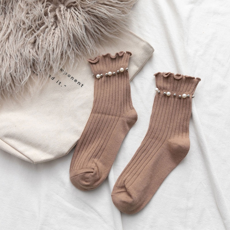 Xiangbao Vớ Cotton Cổ Thuyền Có Gân Đính Ngọc Trai Giả Ngọt Ngào Phong Cách Nhật Bản Cho Nữ