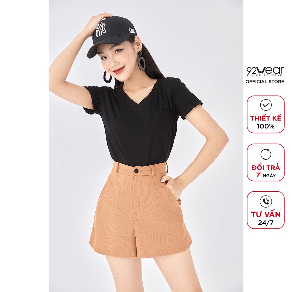 Áo thun cotton nữ 92WEAR form đẹp cổ tim có túi trơn hàn quốc đi chơi ngắn tay ATA1942