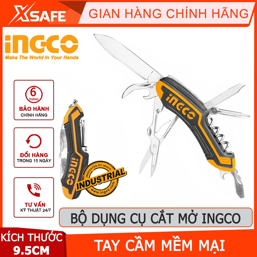 Bộ dụng cụ cắt mở INGCO HMFK8108 10 in 1 Bộ đa năng gồm dao, đồ khui hộp, tua vít, mở nắp chai, kéo, vặn vít, giũa, móc