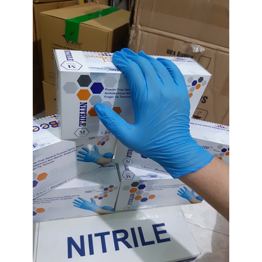 Găng Tay Nitrile Xanh Không Bột Bee Gloves 100c  23cm Dày 0.05mm Chế Biến Thực Phẩm, Xăm, Nha Khoa Spa