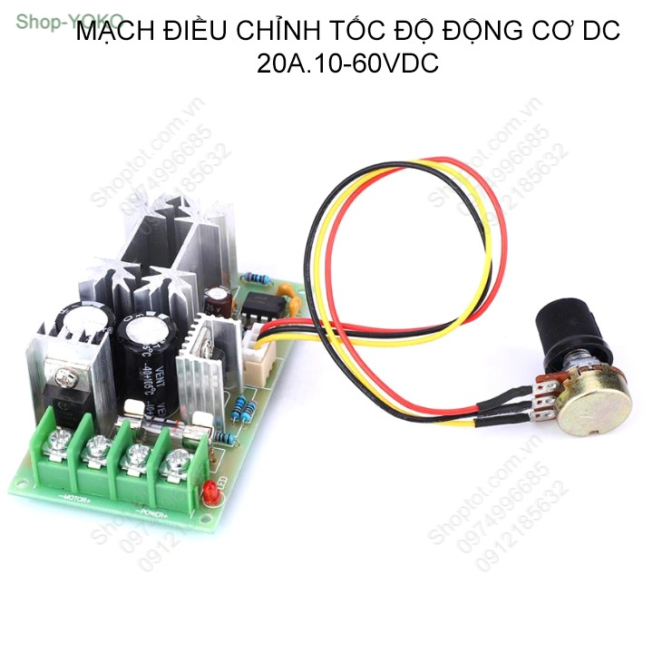 Module mạch điều chỉnh tốc độ động cơ điện 1 chiều 10V-60V dòng điện lên tới 20A, chiết áp rời