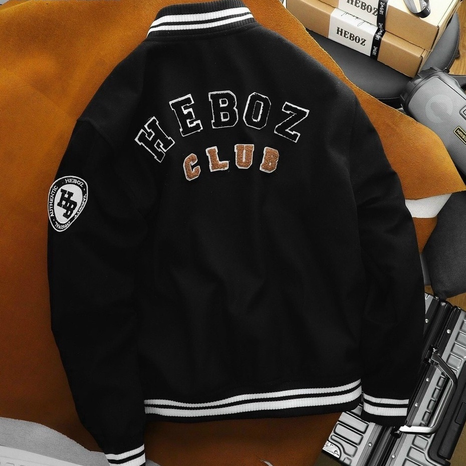 Áo Bomber Varsity Jacket Thêu Chữ HEBOZ - CLUB Unisex Chất Liệu Da Lộn Cao Cấp Form Rộng