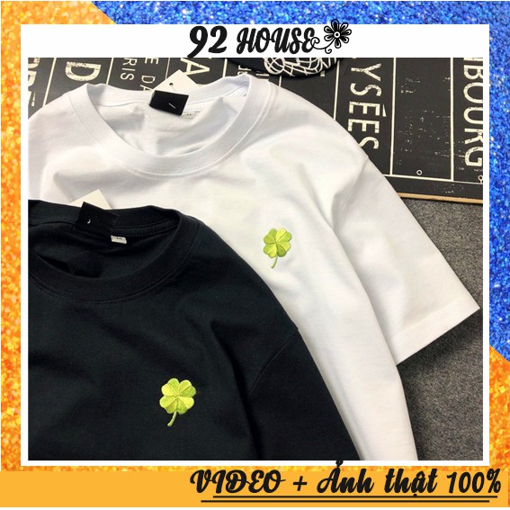 Áo thun tay lỡ unisex cỏ bốn lá may mắn hình thêu nam nữ đều mặc được