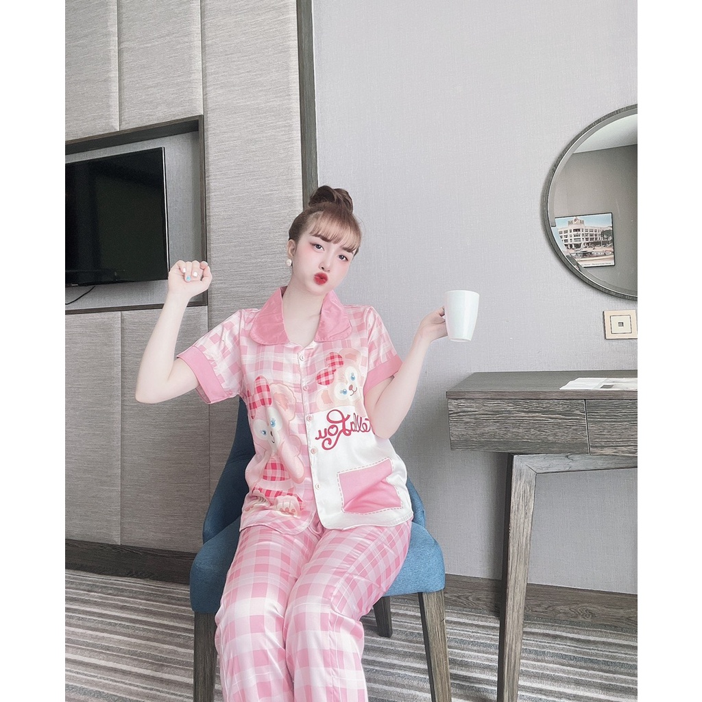 Pijama lụa họa tiết caro gấu, phối màu xinh xắn
