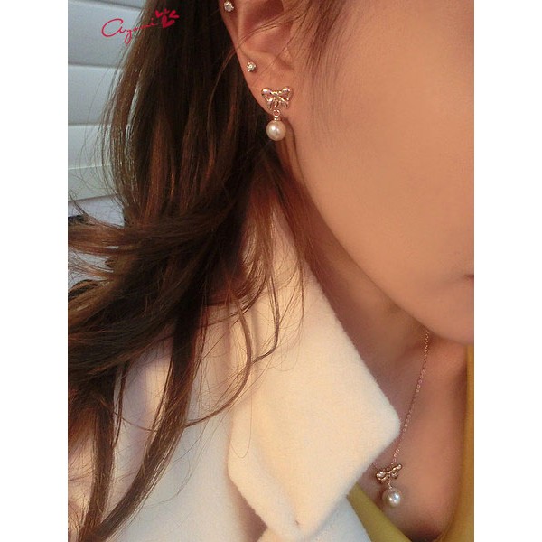 Bông tai nơ đính hạt tròn xinh MS61