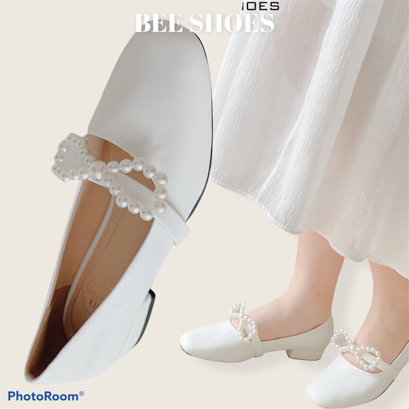 BEESHOES - GIÀY BÚP BÊ NỮ MŨI VUÔNG QUAI NGANG NƠ - GIÀY BÚP BÊ NỮ MŨI VUÔNG ĐẾ VUÔNG CAO 2 PHÂN SẴN MÀU TRẮNG 210391