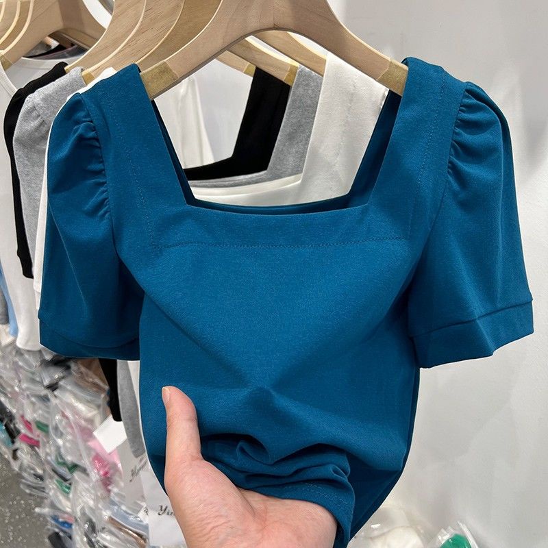 Áo Bh Tay Ngắn Phồng Cổ Vuông Vải Cotton Phong Cách Hàn Quốc