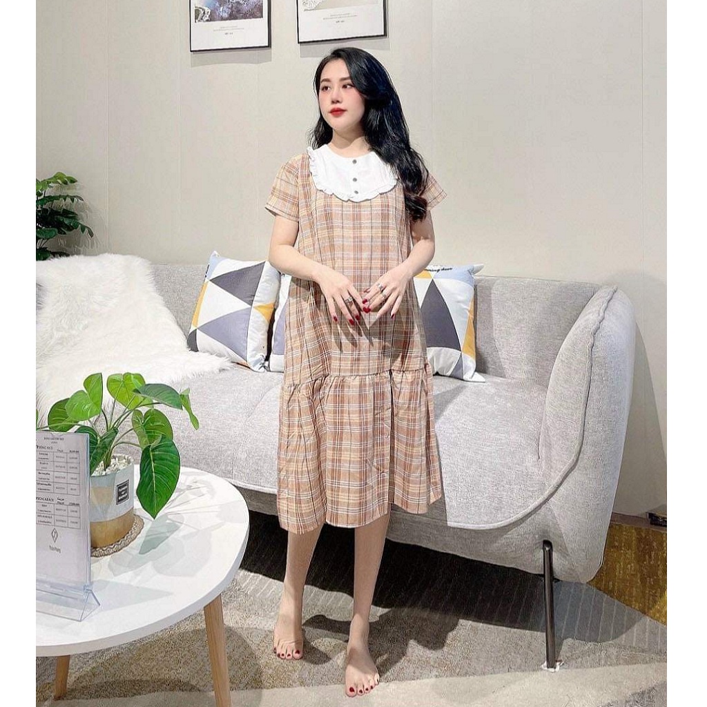 Váy bầu, đầm bầu thiết kế công sở, kẻ caro cực xinh, tông màu nâu pastel dịu mát - sang chảnh. Freesize dưới 70kg