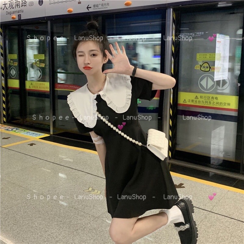 Váy xoè nhẹ cổ sen xinh yêu, Đầm xuông A phối cổ trắng
