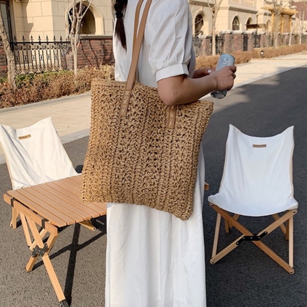 Túi cói vuông đeo vai Tote - dây da - phong cách Vintage