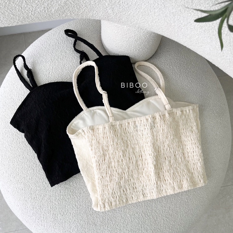 BIBOO - Áo hai dây croptop có mút ngực, phía sau nhún lưng chất liệu voan hoa nổi IVY TOP