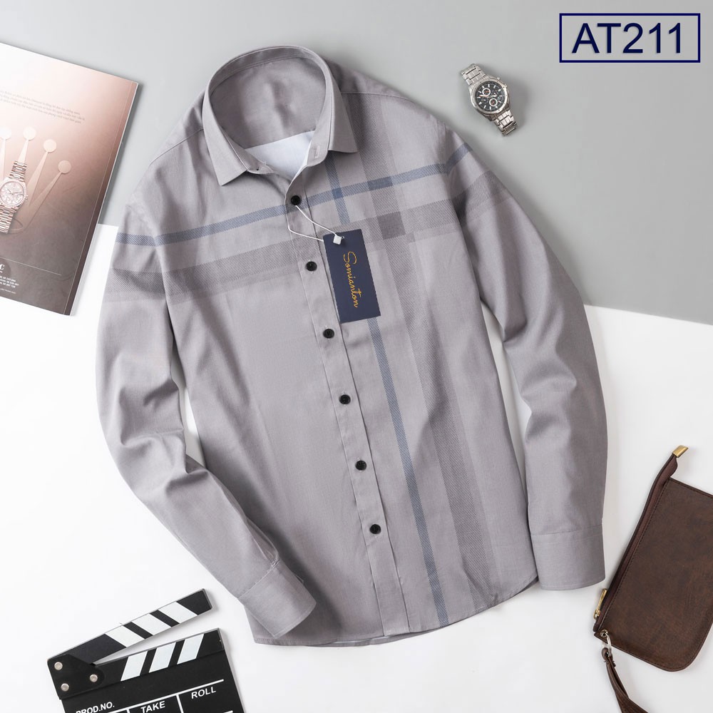 [HÀNG VIỆT NAM] Áo Sơ Mi Nam Công Sở Thương Hiệu ANTON Dài Tay Nâu Xám Kẻ Sọc Cotton - AT211 | BigBuy360 - bigbuy360.vn