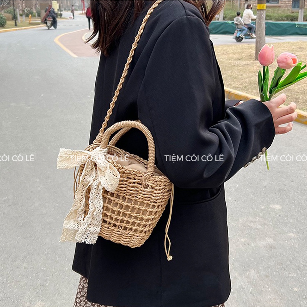 Túi cói mini đan kiểu rào thưa phối nơ ren xinh xắn đi biển, chụp ảnh - Tiệm Cói Cô Lê
