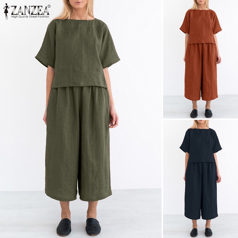 Set đồ Zanzea gồm áo thun ngắn tay cổ tròn kèm quần short lưng thun thời trang cho nữ