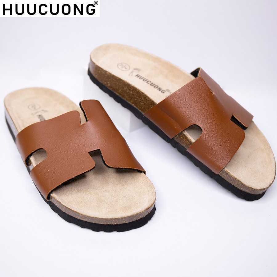 Dép unisex HUUCUONG chữ H pu nâu đế trấu