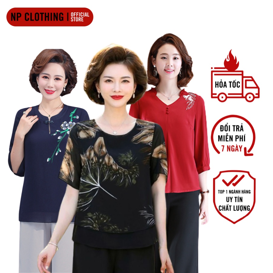 Áo Trung Niên Nữ, Mẫu Áo Sơ Mi Voan 2 Lớp Form Rộng Cổ Chữ V Tay Lửng Sang Trọng, Thời Trang Trung Niên