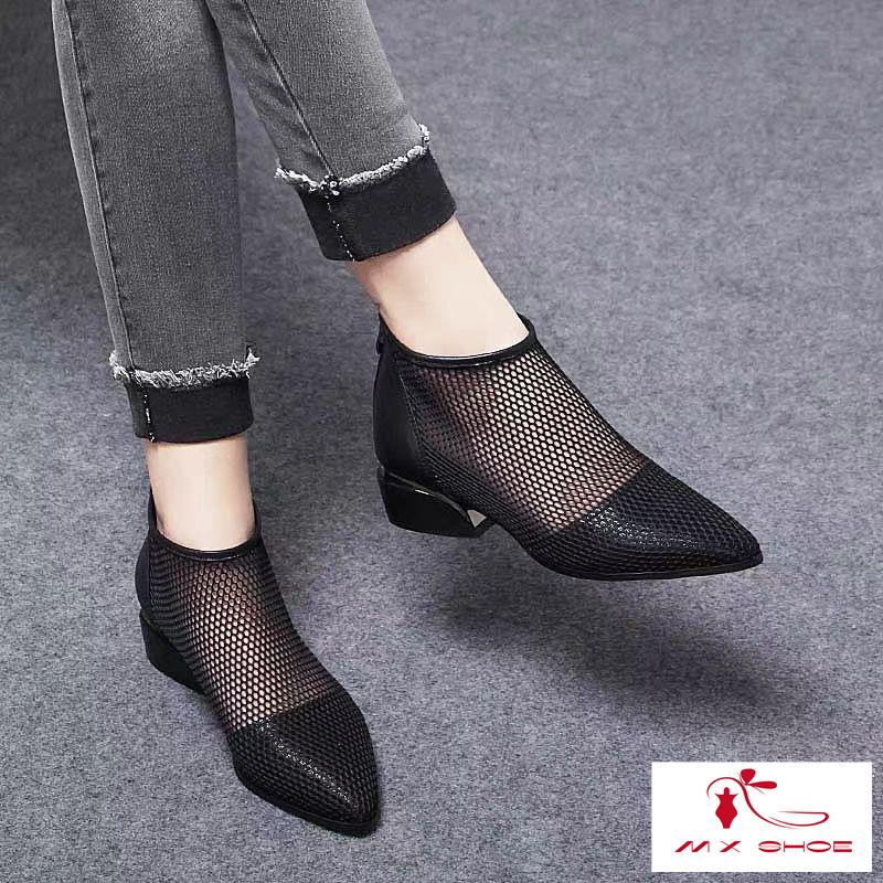 M & X ~  Giày Bốt Cao Gót Mũi Nhọn Gót Dày Bằng Da Mềm Phối Lưới Rỗng Thoáng Khí Thoải Mái Phong Cách Mới Cho Nữ