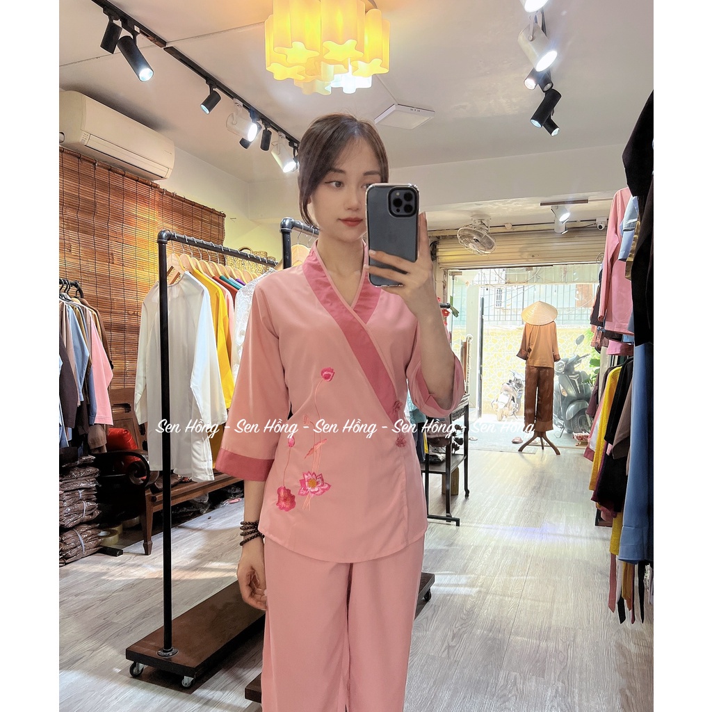 QUẦN ÁO ĐI CHÙA - set Phật tử thêu sen - đồ lam đi lễ nữ vải kate #Sen Hồng mã 030