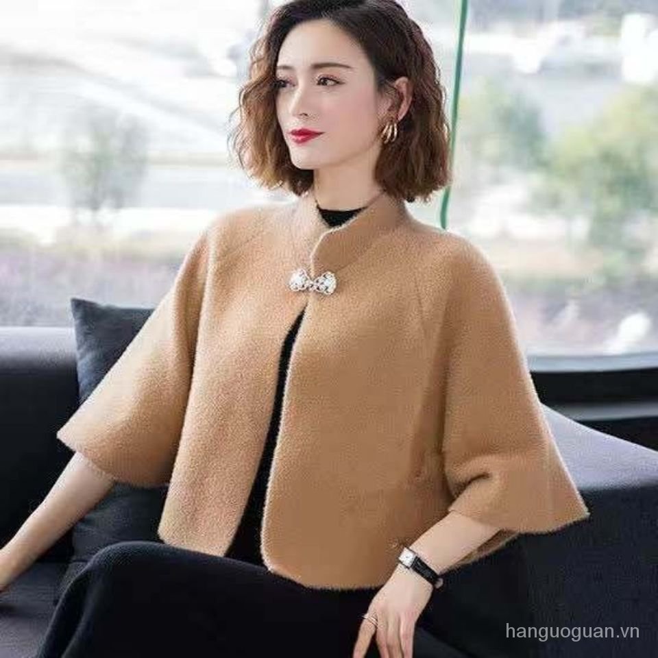Áo choàng lông chồn dệt kim dày giữ ấm mặc với sườn xám đám cưới vào mùa thu đông cho nữ JJDE
