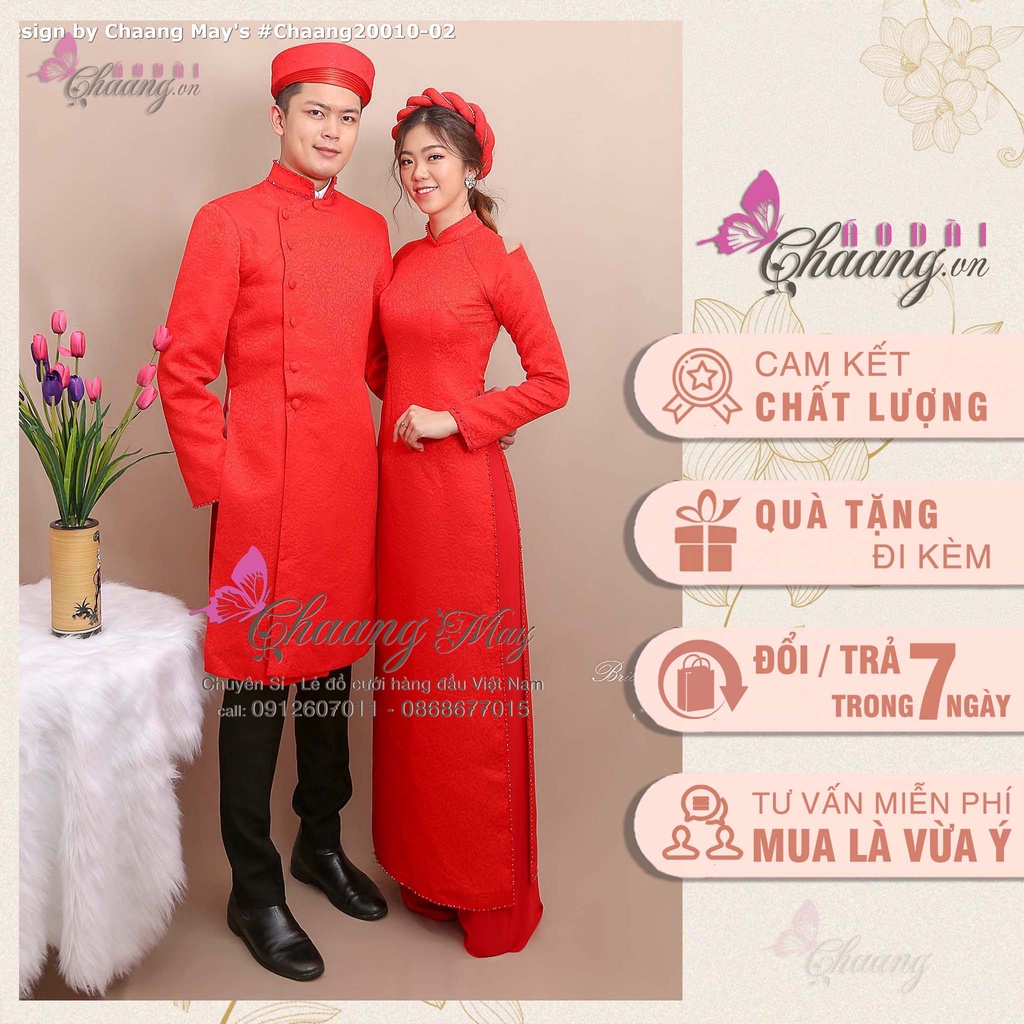 Áo dài đôi_Chaang_May áo dài cặp gấm đỏ, kiểu áo dài cặp dâu rể ăn hỏi