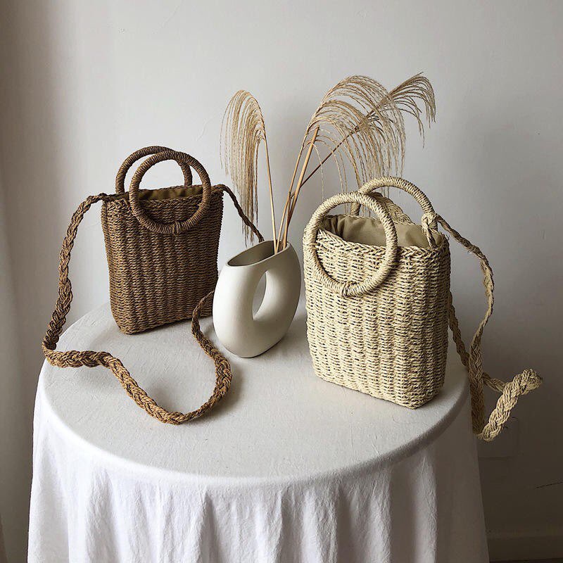 Túi cói cứng Bucket - hình thang - quai tròn - dây rút - phong cách Vintage