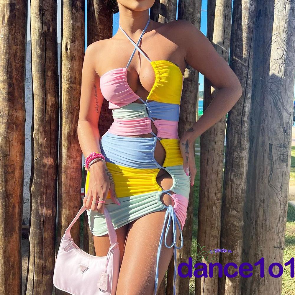 Đầm Ngắn Cổ Yếm Màu Sắc Tương Phản Thời Trang Cho Nữ 1O1