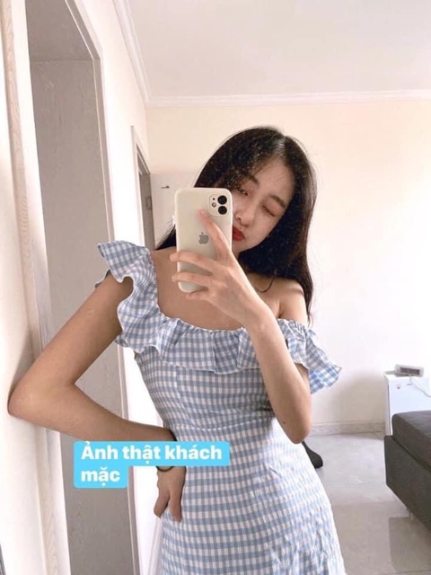 Váy kẻ xanh hở vai-chất mát-mịn