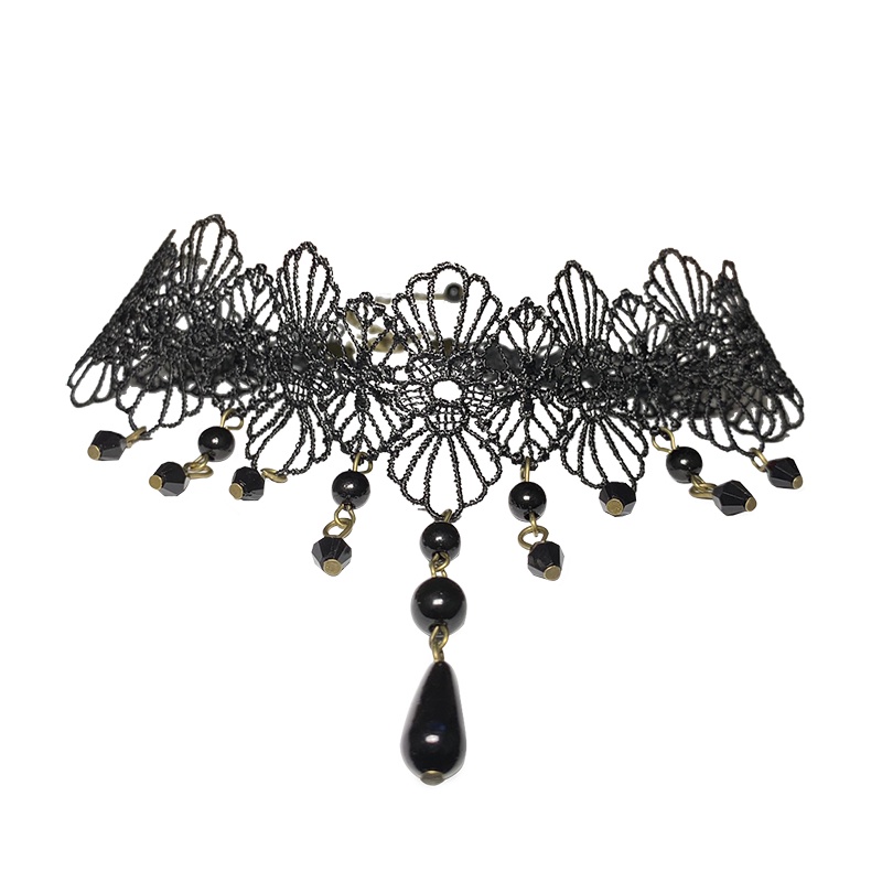 Vòng cổ dây chuyền choker nữ vải ren hoa 4 cánh đính chuỗi ngọc trai nhân tạo phong cách hàn quốc cá tính