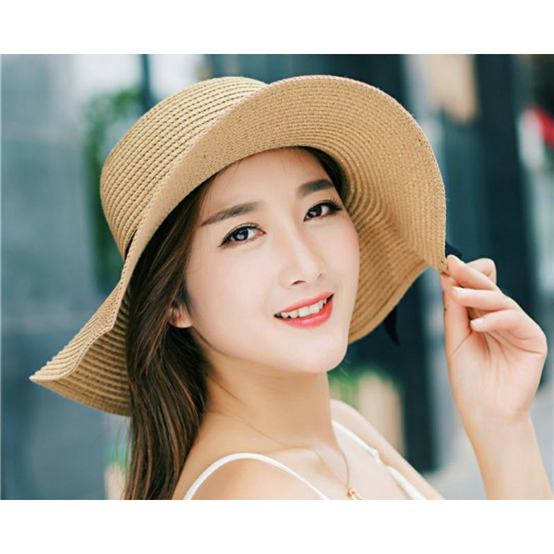 Mũ đi biển cói nón rộng vành chống nắng UV phối dây đen