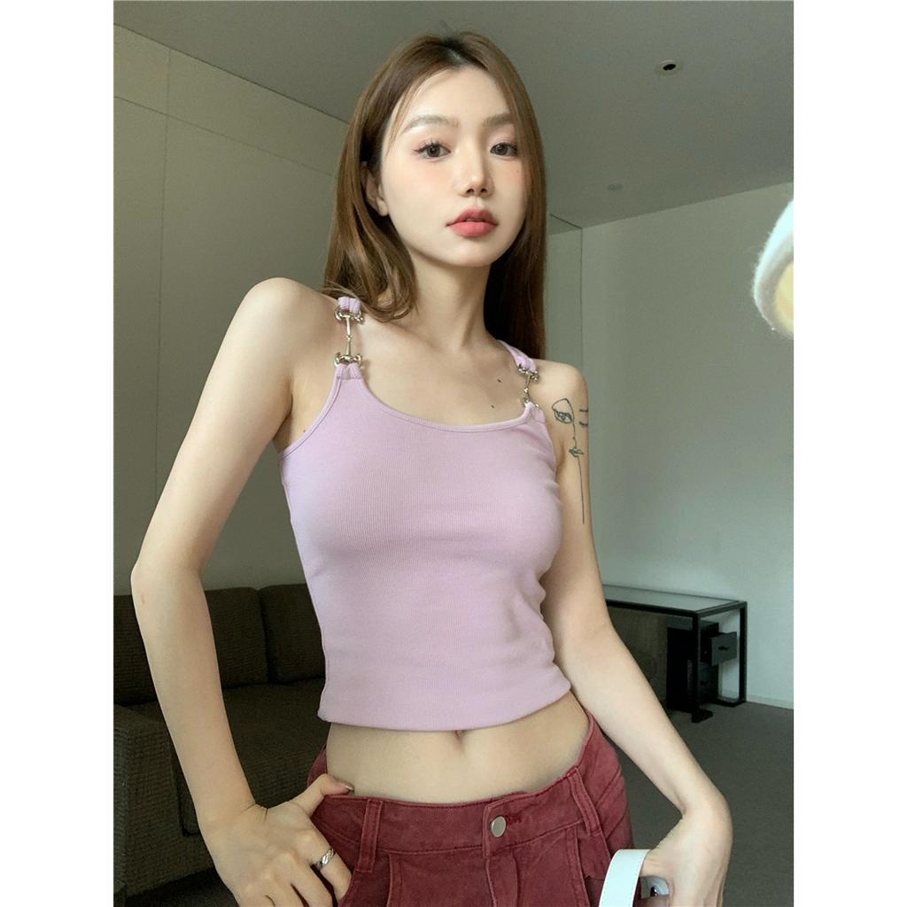 「 WELOVE1 」Áo Tank Top Hai Dây Phối Khóa Kim Loại Màu Trơn Phong Cách Hàn Quốc Thời Trang Mùa Hè Dành Cho Nữ